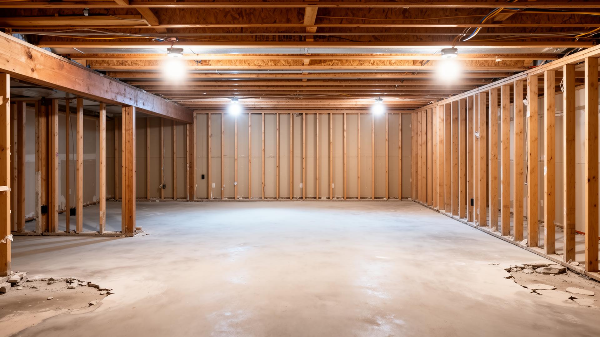 Bare studs, clean concrete, fully inspected.