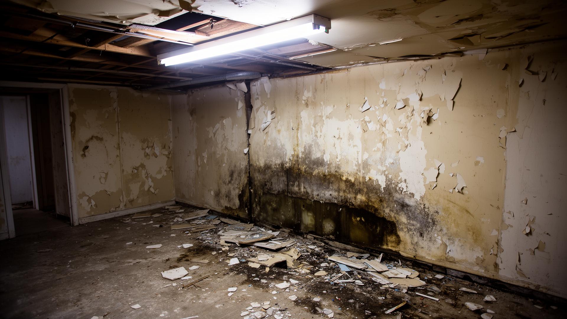 Water-damaged drywall, mold colonies, peeling paint.