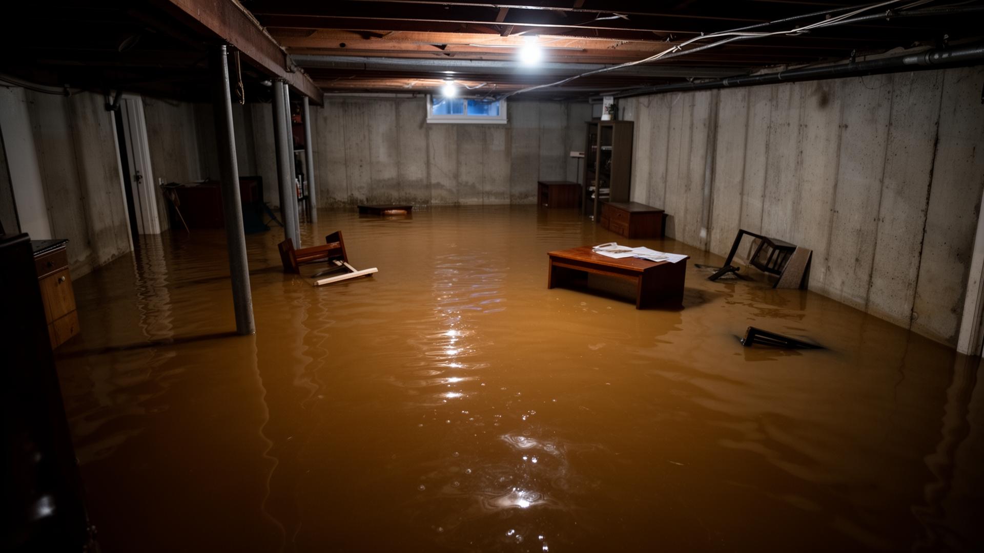 Severely flooded basement with water over one meter deep